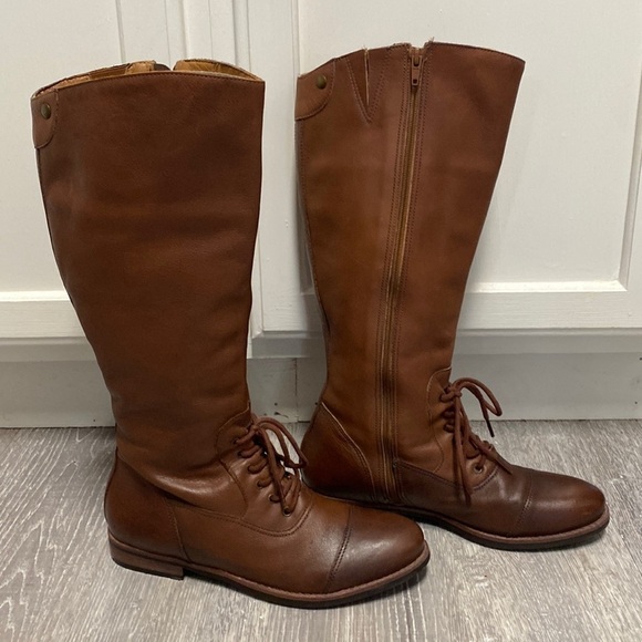 ❌SOLD❌Matisse Cognac Tall Leather with Lace Up Riding Boots Wide Stretch Leg - Picture 6 of 17